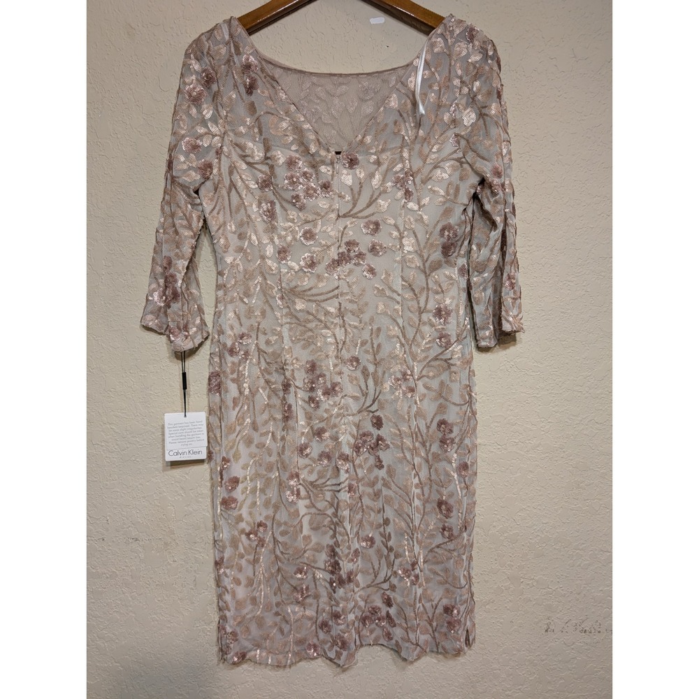 NWT Calvin Klein Dress Size 6 Pink Beige Floral Sequined Midi Sheath Dress Party